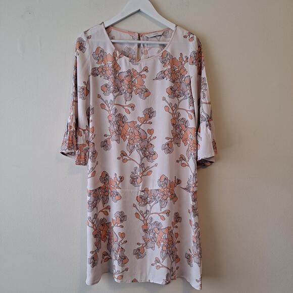 Numph Light Plush Pink Floral Crewneck Peplum Dress with Bell Sleeves - Picture 4 of 14